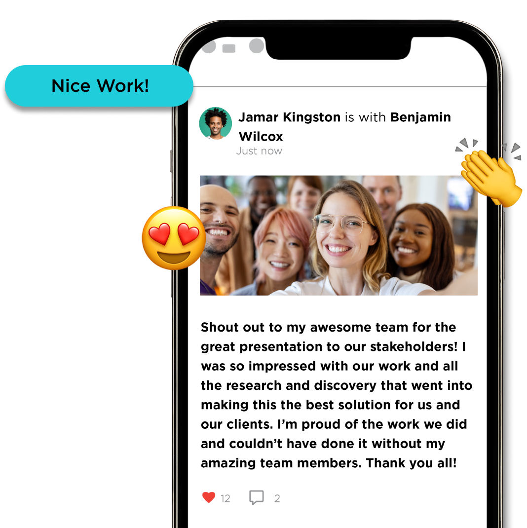 Social media post by Jamar Kingston celebrating his diverse team after a successful presentation with heart eyes and clapping emojis.