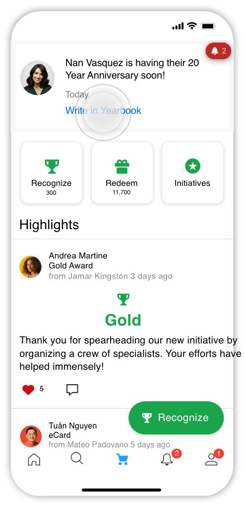 Mobile app screen showing Nan Vasquez's upcoming 20 Year Anniversary with options to Recognise, Redeem, and view Initiatives, and highlights including a Gold Award post thanking Andrea Martine for leading a new initiative.