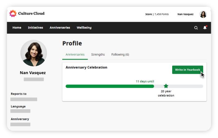 User profile page of Nan Vasquez on Culture Cloud platform showing an anniversary celebration progress bar with 11 days until the 20-year celebration and a button to write in the yearbook.