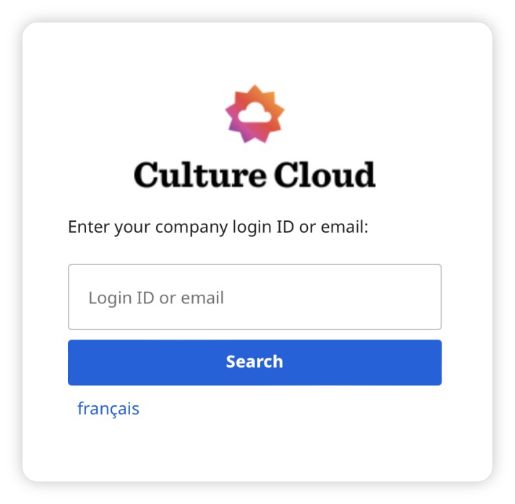 Login screen for Culture Cloud with a text box to enter company login ID or email and a blue Search button, plus a French language link.