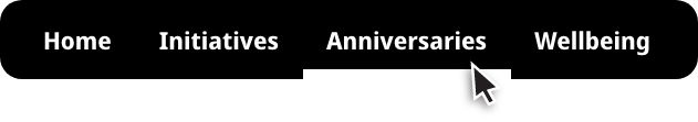 Website navigation menu with Home, Initiatives, Anniversaries (highlighted), and Wellbeing tabs, mouse cursor pointing at Anniversaries.