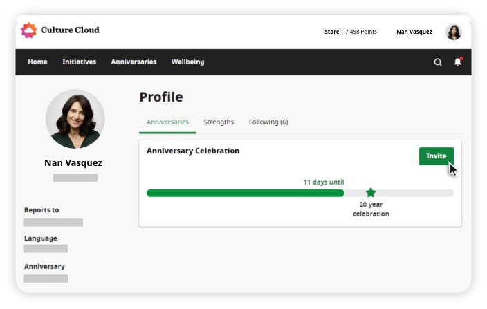 User profile page for Nan Vasquez showing a progress bar with 11 days until her 20-year anniversary celebration and an Invite button.