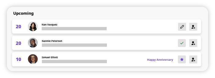 Upcoming anniversaries list showing Nan Vasquez with 20 years, Nannie Peterson with 20 years, and Ismael Elliott with 10 years marked with Happy Anniversary star.