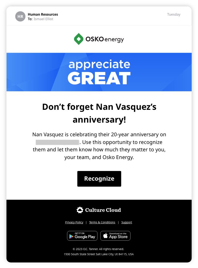 Email from Human Resources to Ismael Elliot reminding to recognise Nan Vasquez's 20-year anniversary at Osko Energy with a Recognise button.