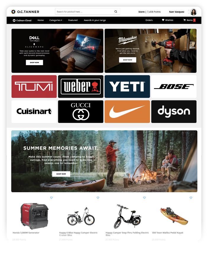 E-commerce webpage showing outdoor and tech brands with promotional banners, product listings, and a summer camping scene.