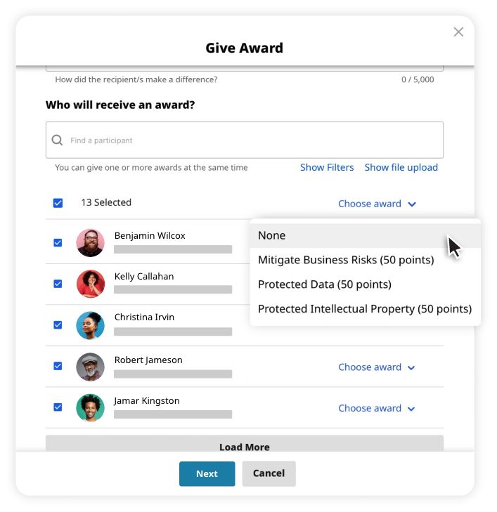 User interface showing a 'Give Award' panel with a list of selected participants, checkboxes, and a dropdown menu with award options like 'Mitigate Business Risks' and 'Protected Data'.