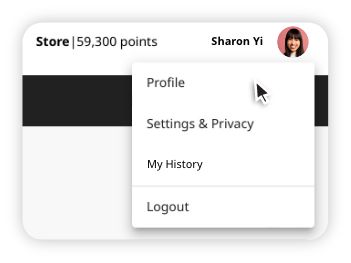 User profile dropdown menu showing options Profile, Settings & Privacy, My History, and Logout, with user Sharon Yi and 59,300 store points displayed.