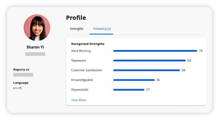 Profile card of Sharon Yi showing a photo, recognised strengths with a bar chart including Hard Working, Teamwork, Customer Satisfaction, Knowledgeable, and Dependable, with corresponding values.