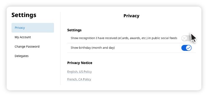 Settings menu showing Privacy options with toggles for showing received recognition and birthday in public social feeds.