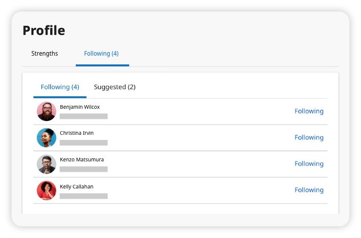 Profile section showing a Following tab with four user profiles listed with photos: Benjamin Wilcox, Christina Irvin, Kenzo Matsumura, and Kelly Callahan, each with a following status.