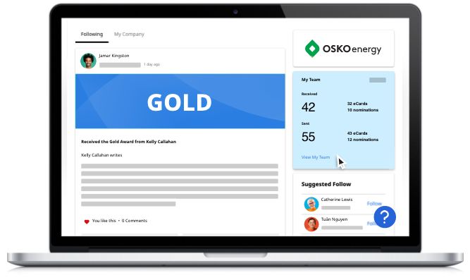 Laptop screen displaying an employee recognition platform showing a Gold Award post for Jamar Kingston, OSKO Energy team stats, and suggested follows.