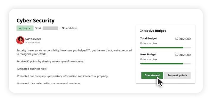 Cyber Security initiative dashboard showing status as Active, a message encouraging security efforts, and an initiative budget section with progress bars and buttons to give award or request points.