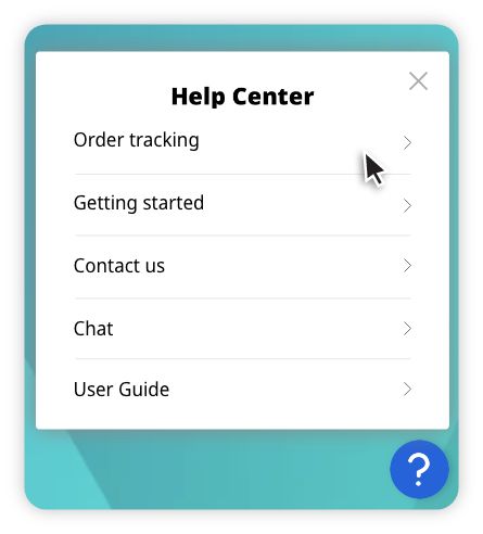 Help Centre menu with options for Order tracking, Getting started, Contact us, Chat, and User Guide on a blue-green background.