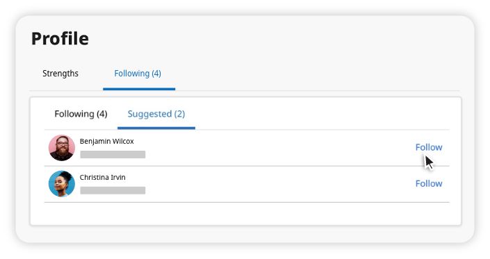 Profile page showing Following tab with two suggestions: Benjamin Wilcox and Christina Irvin, each with a follow button.