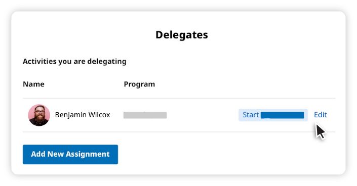 User interface panel titled Delegates showing a delegate named Benjamin Wilcox with a profile picture, program info, and options to start or edit the assignment, plus a blue button labeled Add New Assignment.