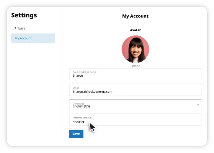 User account settings page showing avatar photo and editable fields for preferred first name, email, language, and pronouns with a mouse pointer near pronouns.