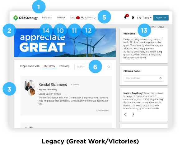 OSKO Energy web page showing user dashboard with appreciation messages, menu options, search bar, and notifications.