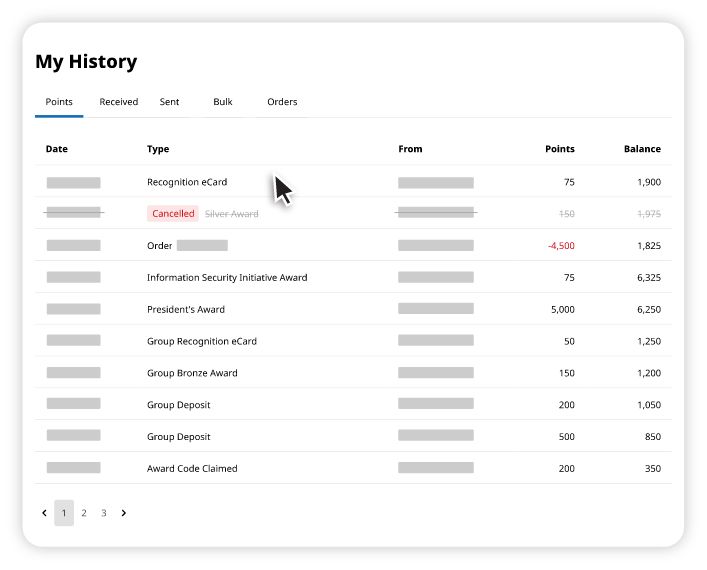 User reward points history table showing date, type of transaction, source, points earned or spent, and balance with pagination controls.