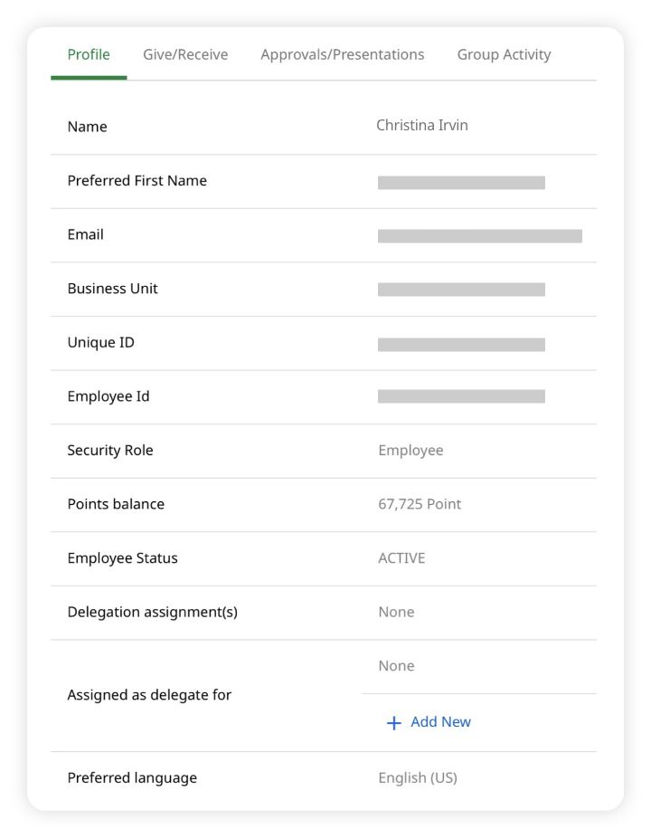 User profile interface showing personal and employment details including name Christina Irvin, security role Employee, points balance 67,725, employee status ACTIVE, and preferred language English (US).