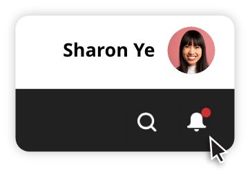 User interface with name Sharon Ye, profile photo, search icon, and notification bell with one unread alert.