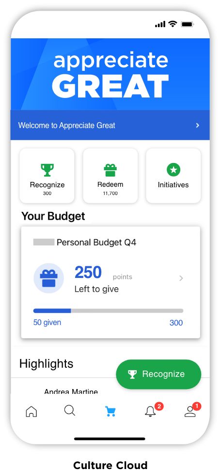Mobile app screen titled Appreciate Great showing options to Recognise, Redeem, and Initiatives with a personal budget of 250 points left to give out of 300.