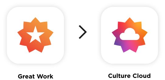 Comparison of two app icons: the first with an orange star labeled 'Great Work,' and the second with a multicolored star with a cloud inside labeled 'Culture Cloud.'