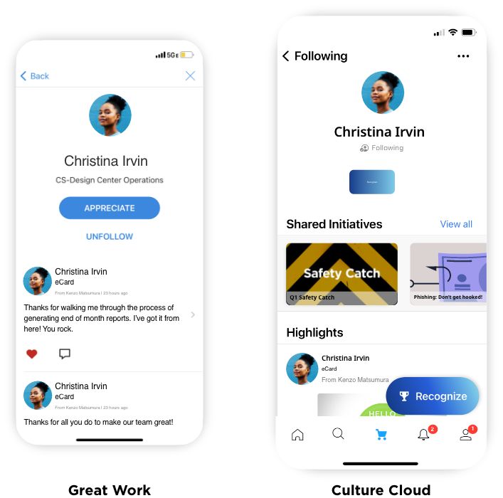 Two mobile app screens showing a profile for Christina Irvin with options to appreciate, unfollow, and view shared initiatives and highlights including safety and phishing topics.