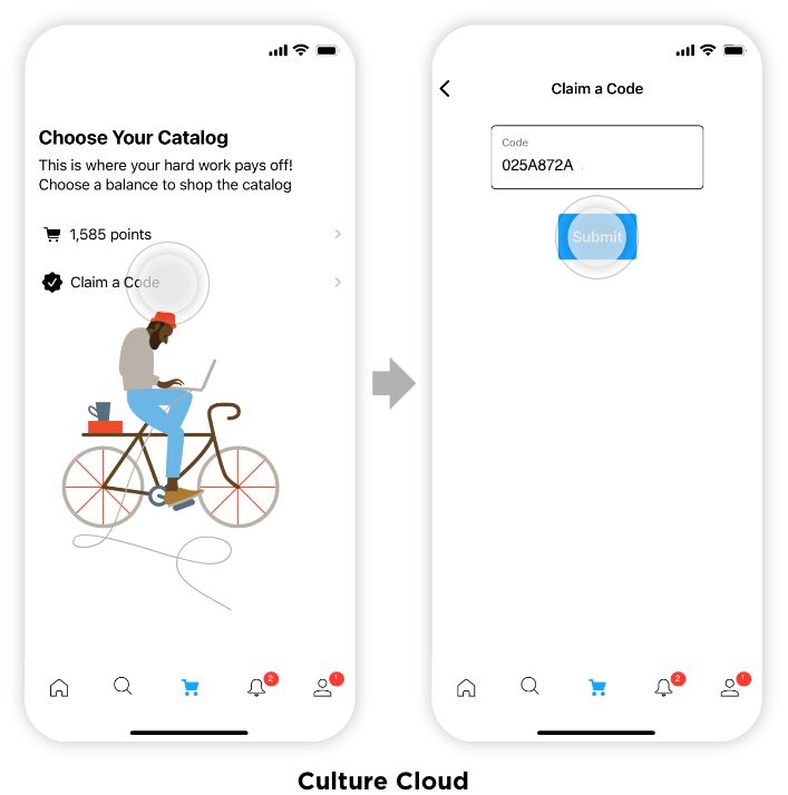 Two mobile app screens showing a catalogue selection with points and a claim code option, and a screen to enter and submit a code.
