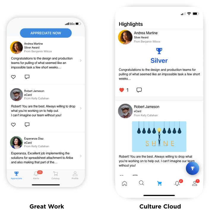Side-by-side mobile app screens showing an appreciation feed with user comments and awards under 'Appreciate Now' and 'Highlights' sections, featuring recognition messages and interactive icons.