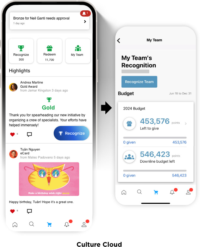 Two mobile app screens showing employee recognition features: left screen displays notifications, highlights with awards and birthday eCard; right screen shows team recognition budget with points left to give and downline budget left.