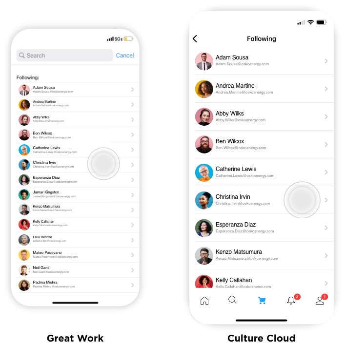 Two mobile app screens displaying lists of people being followed, each showing profile pictures, names, and email addresses with navigation arrows.