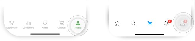Side-by-side comparison of two mobile app navigation bars showing design changes; the first with labeled icons including Appreciate, Dashboard, Alerts, Catalogue, and Profile highlighted, the second with simplified icons for Home, Search, Cart, Notifications with a red badge, and user Profile highlighted.