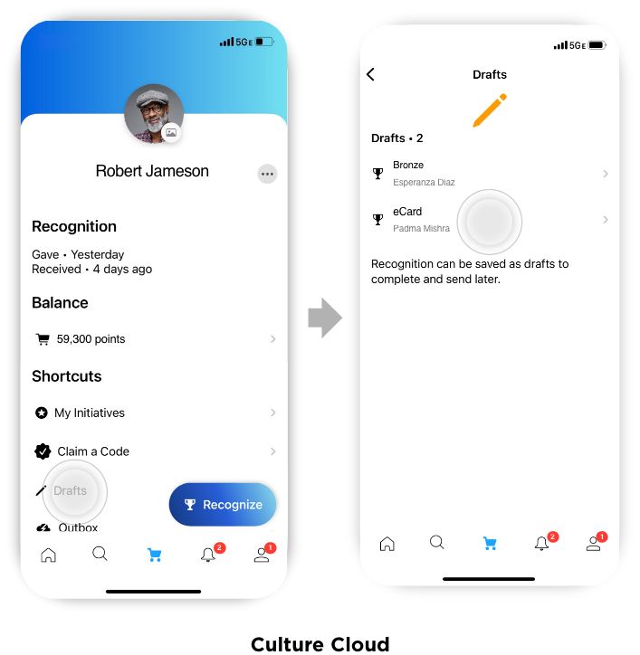 Two mobile screens showing a user profile named Robert Jameson with recognition stats and shortcuts on the left, and a drafts screen listing two draft recognitions labeled Bronze and eCard on the right.