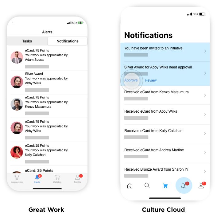 Two mobile app screens showing workplace recognition notifications with eCards and awards from colleagues.
