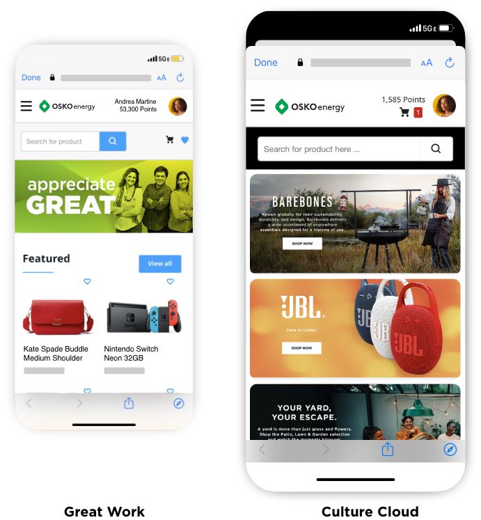 Two mobile screens showing the OSKOenergy app: left screen features a banner 'appreciate GREAT' with featured products like a red Kate Spade purse and Nintendo Switch; right screen shows product categories including Barebones grills, JBL speakers, and outdoor yard items.