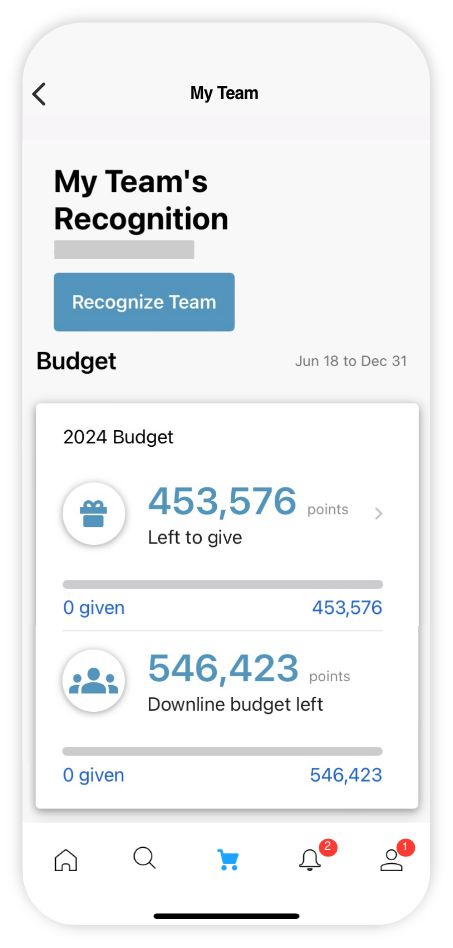 Mobile app screen titled 'My Team' showing budget recognition with 453,576 points left to give and 546,423 points downline budget left.
