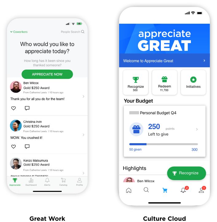 Two mobile app screens: left shows coworkers receiving $250 Gold Awards with comments and an 'Appreciate Now' button; right shows 'appreciate GREAT' dashboard with options to Recognise, Redeem, Initiatives, and a personal budget of 250 points left to give.