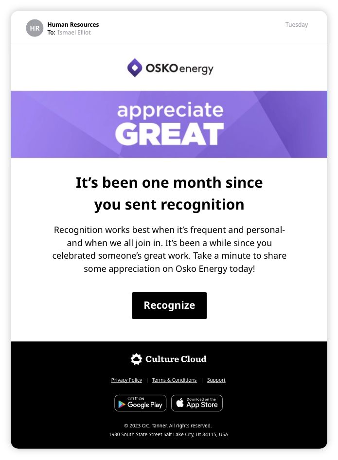 Email from Human Resources at OSKO Energy reminding user it has been one month since they sent recognition, encouraging to share appreciation with a Recognise button.