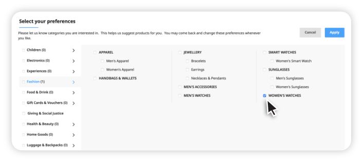 User interface screen showing product preference selection with categories on the left and subcategories like Apparel and Watches on the right, with 'Women's Watches' selected.