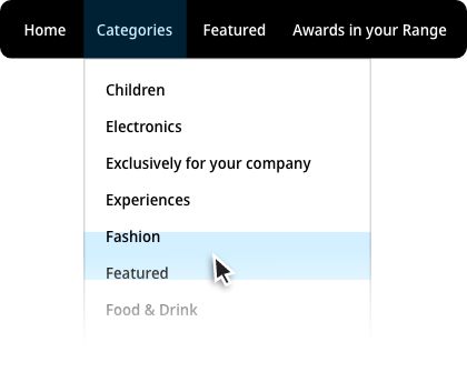 Dropdown menu under Categories with options including Children, Electronics, Experiences, and Fashion highlighted by a cursor.