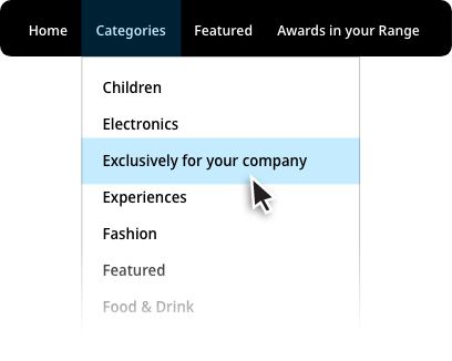 Website navigation menu open under Categories, showing items including Children, Electronics, Exclusively for your company with cursor hovering, Experiences, Fashion, and faded Featured and Food & Drink.