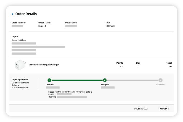 Order details showing a shipped Volio White Cube Quick Charger with points total of 100, shipping status tracking progress from ordered to shipped, and shipping method as Standard Delivery with 3-10 business days.