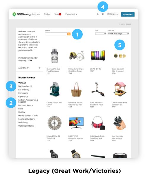 Online awards store page from OSKO Energy showing product listings like kitchen appliances, electronics, and accessories with navigation menu on left and a points balance displayed.