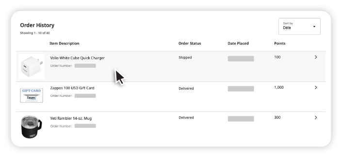 Order history table showing three items: Volio White Cube Quick Charger marked shipped with 100 points, Zappos 100 USD Gift Card delivered with 1,000 points, and Yeti Rambler 14-oz. Mug delivered with 300 points.