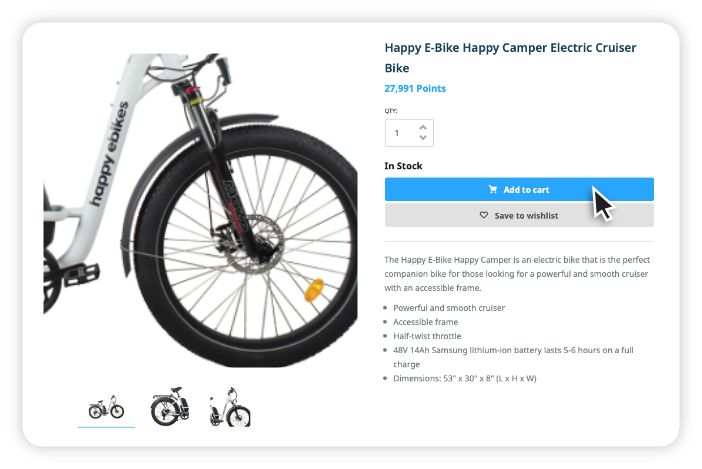 Close-up of front wheel and frame of a Happy E-Bike Happy Camper Electric Cruiser Bike with an online store interface showing product details and shopping options.