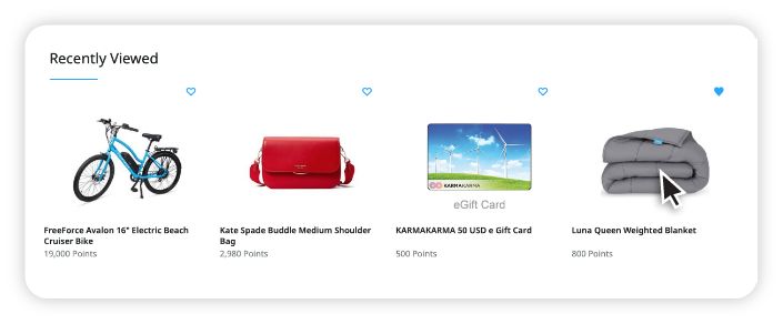 Recently viewed items including an electric beach cruiser bike, a red medium shoulder bag, a 50 USD gift card, and a folded weighted blanket.