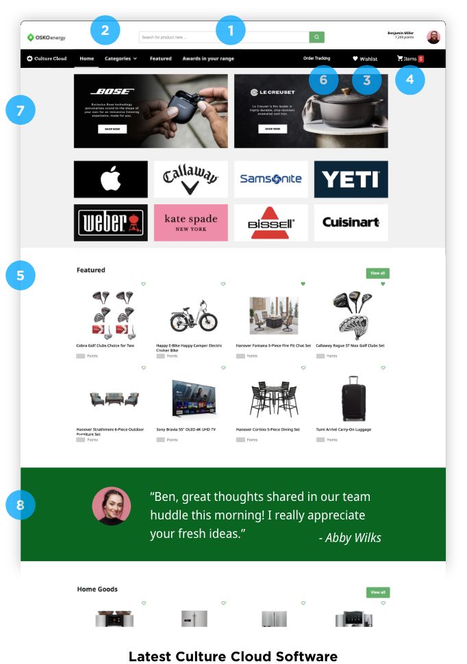E-commerce website homepage featuring a search bar, user profile, navigation menu with categories, featured product ads, brand logos, product listings including golf clubs and outdoor furniture, and a green testimonial section with a woman's photo and quote.