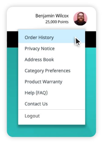 User profile dropdown showing Benjamin Wilcox with 25,000 points and menu options including Order History, Privacy Notice, Address Book, Category Preferences, Product Warranty, Help (FAQ), Contact Us, and Logout.