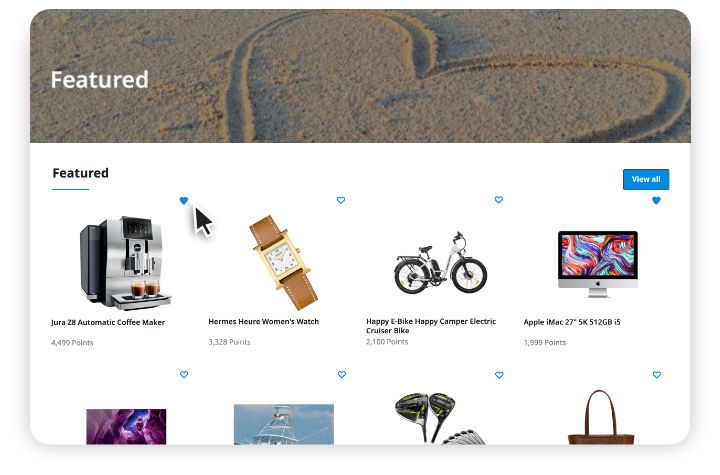 E-commerce featured products section showing Jura coffee maker, Hermes women's watch, Happy E-Bike electric cruiser bike, and Apple iMac, each with points value and heart icons for favorites.