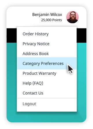 User profile menu showing Benjamin Wilcox with 25,000 points and menu options including Order History, Privacy Notice, Address Book, Category Preferences highlighted, Product Warranty, Help (FAQ), Contact Us, and Logout.